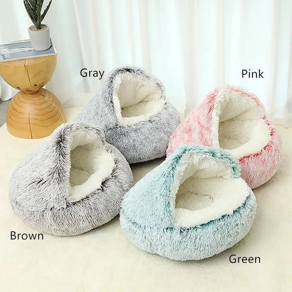 2 In 1 Round Donut Plush Dog and Cat Warm Bed House-Wiggleez-Coffe Long Plush-16 In-Wiggleez