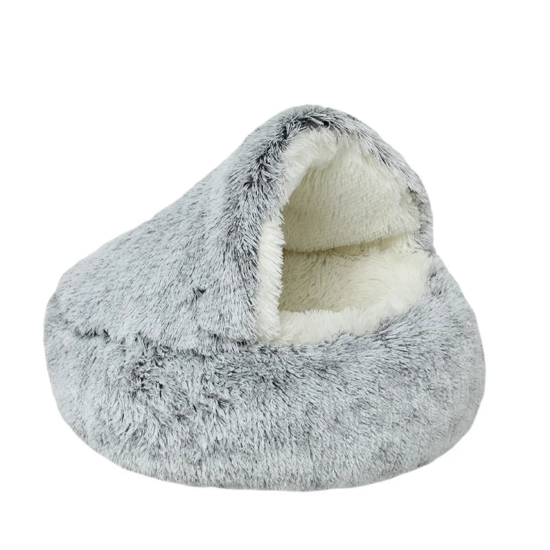 2 In 1 Round Donut Plush Dog and Cat Warm Bed House-Wiggleez-Gray Long Plush-16 In-Wiggleez