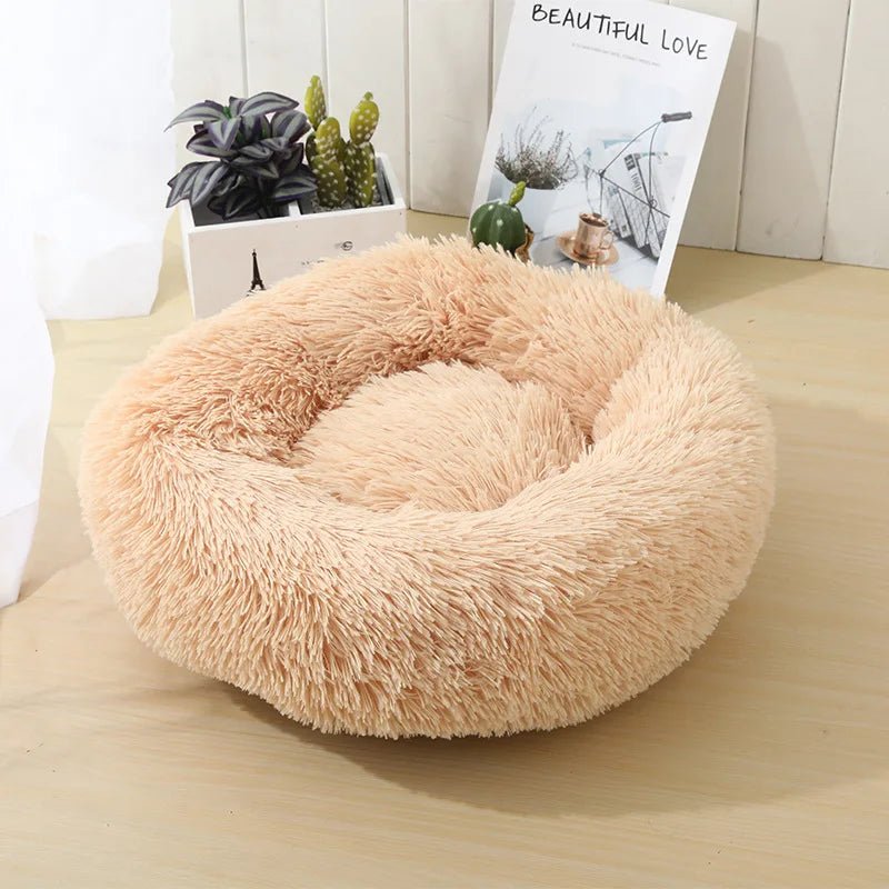 Anti Anxiety Warm Cozy Dog Calming Round Donut Bed-Wiggleez-Beige-M- 20 in-Wiggleez