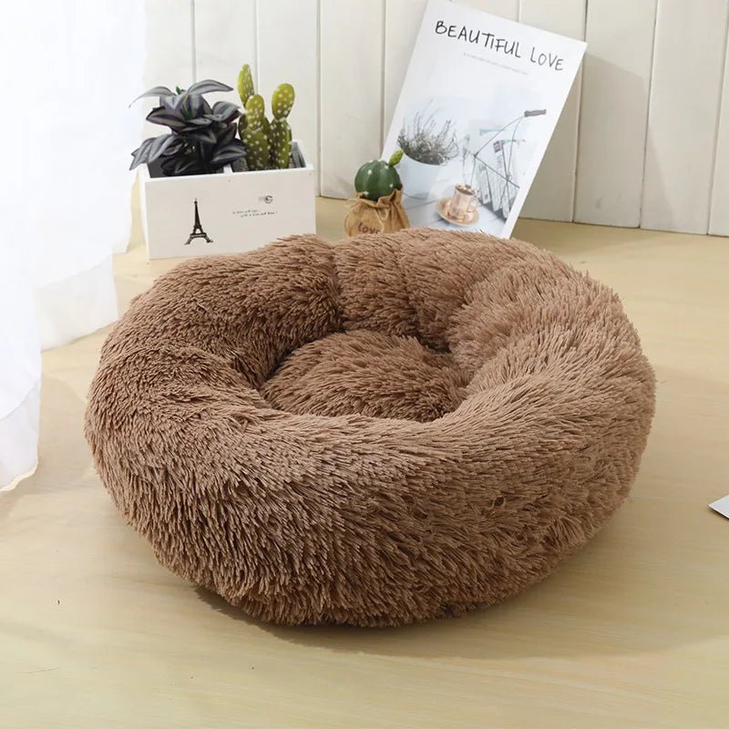 Anti Anxiety Warm Cozy Dog Calming Round Donut Bed-Wiggleez-Khaki-M- 20 in-Wiggleez