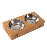 Dog and Cat Bamboo Plate Stainless Steel Double Bowl-Wiggleez-bamboo-29.5 x14 x 5CM-Wiggleez