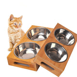 Dog and Cat Bamboo Plate Stainless Steel Double Bowl-Wiggleez-bamboo-29.5 x14 x 5CM-Wiggleez