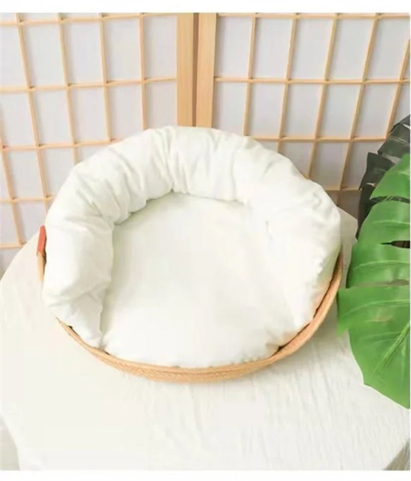 Handmade Bamboo Wicker Small Dog & Cat Sofa Bed-Wiggleez-Bed with White Pillow-S - 13 in-Wiggleez