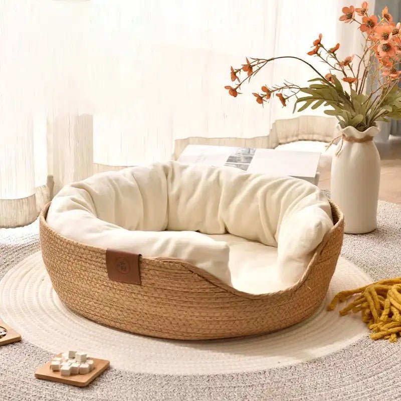 Handmade Bamboo Wicker Small Dog & Cat Sofa Bed-Wiggleez-Bed with White Pillow-S - 13 in-Wiggleez
