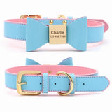 Personalized Customized Leather Dog Name Soft Bowknot Collar-Wiggleez-Blue-27.5-36cm-Wiggleez