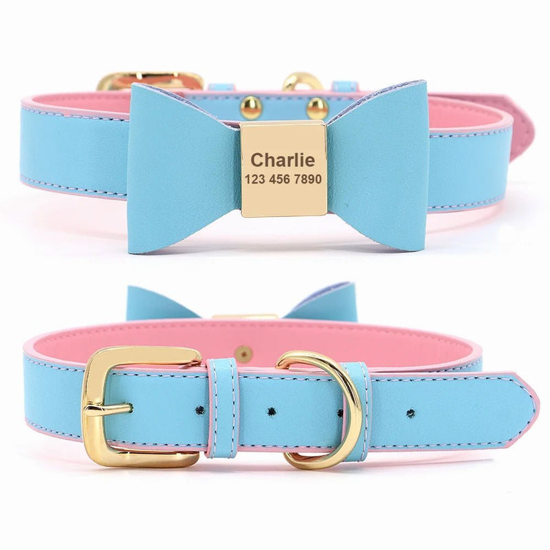 Personalized Customized Leather Dog Name Soft Bowknot Collar-Wiggleez-Blue-27.5-36cm-Wiggleez