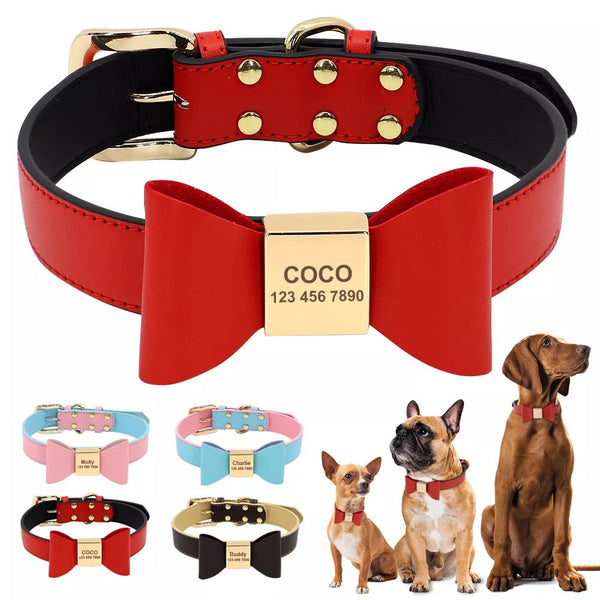 Personalized Customized Leather Dog Name Soft Bowknot Collar-Wiggleez-Dark Brown-43.5-54cm-Wiggleez