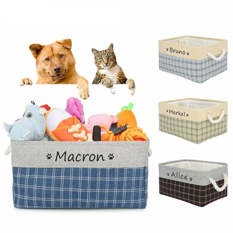 Personalized Designer Linen Dog and Cat Toy Storage Basket-Wiggleez-Blue Beige-S-Wiggleez