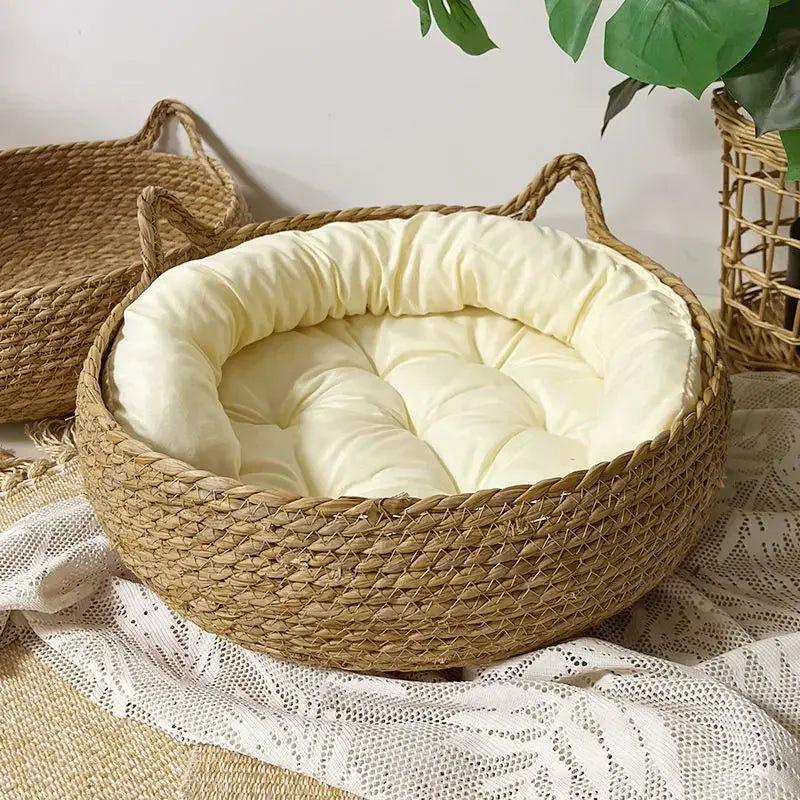 Rattan Wicker Washable Warm Bamboo Cat Bed Basket-Wiggleez-White Bed-S (2.5-7 lb)-Wiggleez